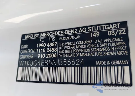 2022 Mercedes-Benz A 220 from USA, damaged, VIN W1K3G4EB5NJ356624